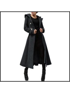 Women's Long Double-Breasted Hooded Wool Blend Trench Coat